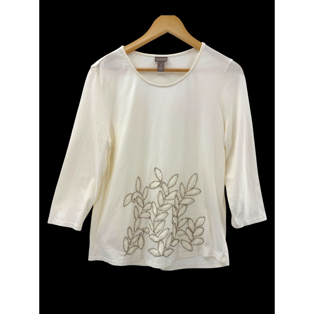 Chico's Size 1 Med Ivory Rhinestone Leaf Embellished 3/4 Sleeve Top Classic Chic
